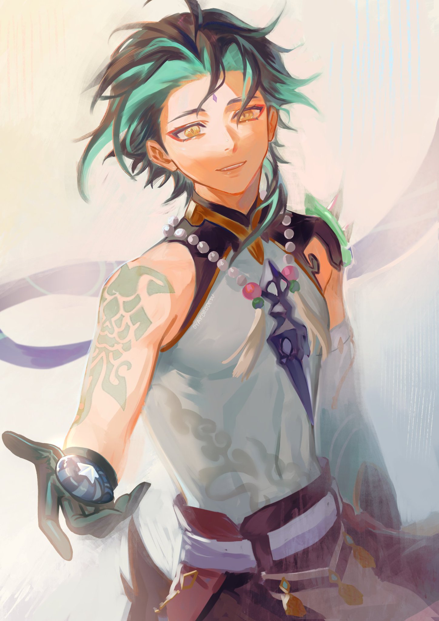 the image is a digital illustration of a young anime boy with green hair and green eyes. he is smiling and looks friendly. he is wearing white clothing with a purple and red sash around his waist. the boy has a jade necklace with a gemstone and other jewelry. he has a tattoo on his arm. he is holding out his hand to the viewer, offering something like a gemstone. the background is a light and bright, with a whimsical and magical feel.
