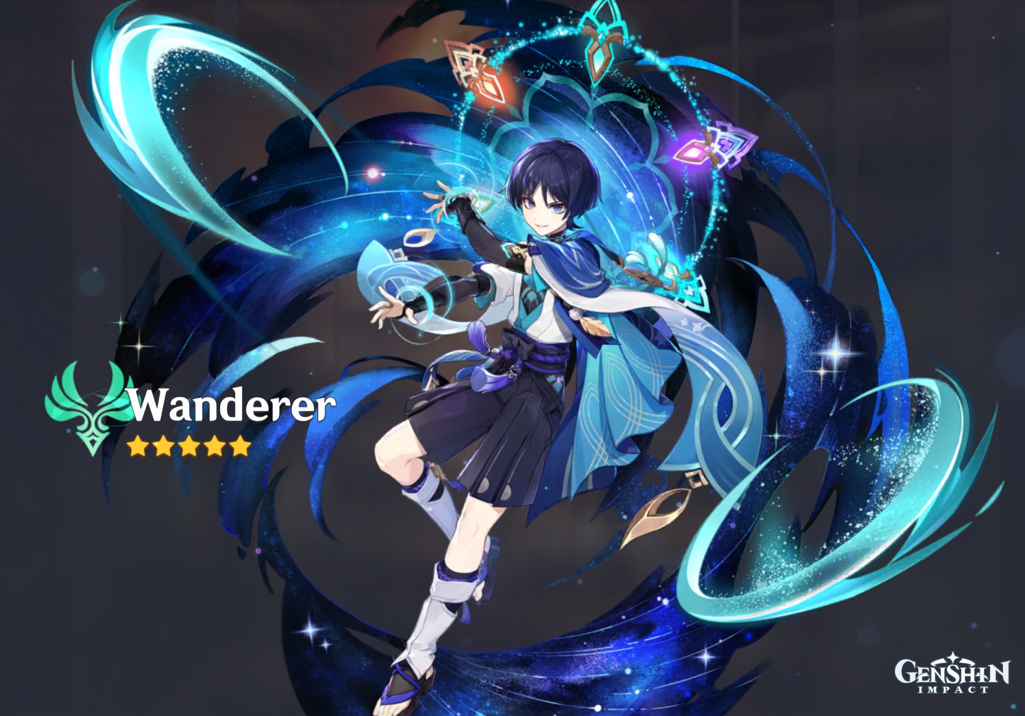 the image is from the video game genshin impact and features the character wanderer. he is standing in a dynamic pose, with his arms outstretched and his body surrounded by swirling blue and purple magic. he is wearing a blue and white outfit with black accents. in the background, there are stars and a dark blue swirling effect. the wanderer's name and star rating are displayed at the bottom left of the image. the genshin impact logo is also shown at the bottom right of the image.