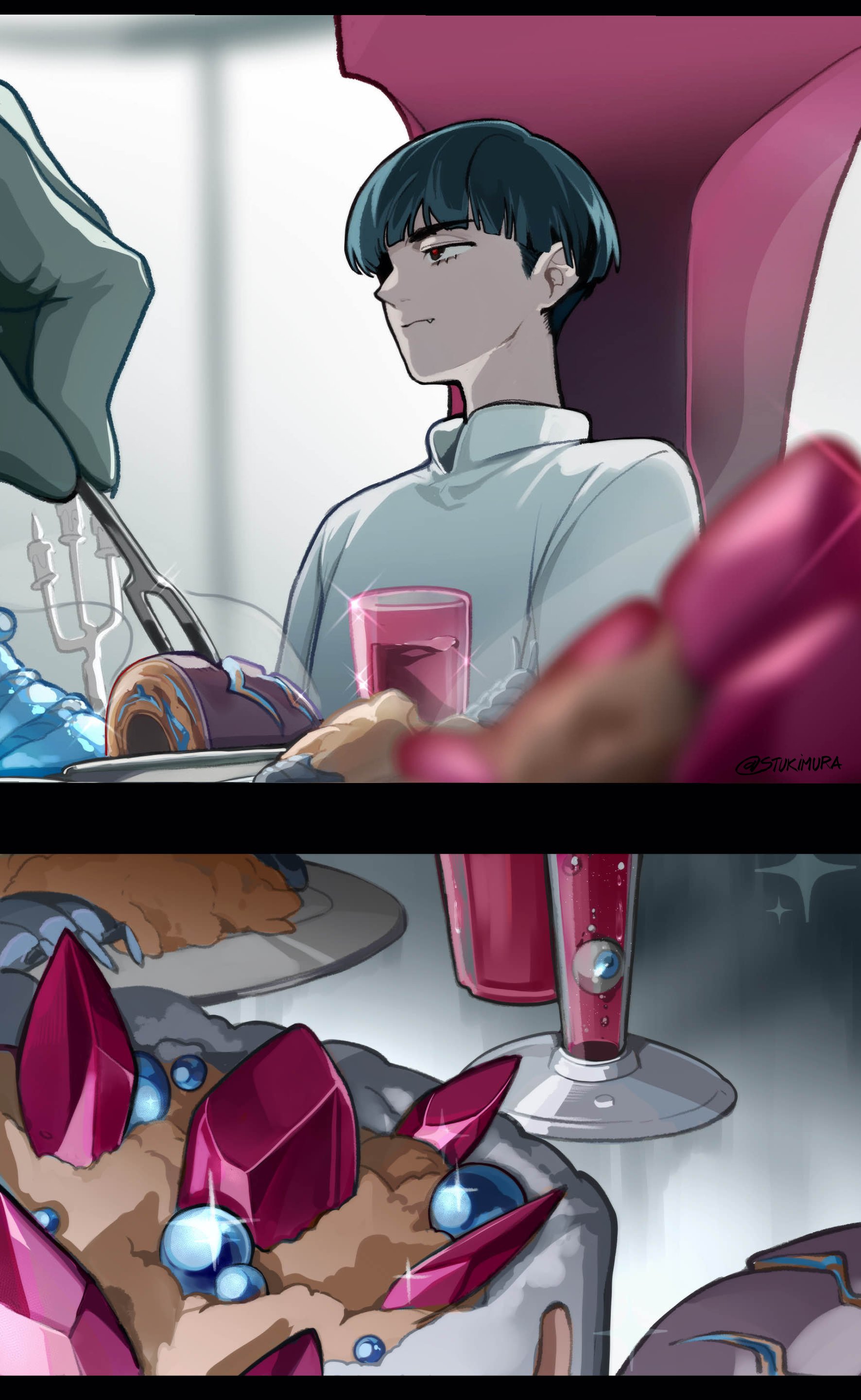 a young anime boy sits at a table with a glass of red liquid. there is food on the table, and a hand holding a knife and fork. the boy is looking to the side, and the table is covered in blue and red.