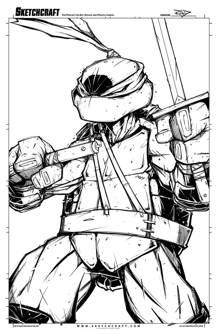 a black and white, line art drawing of a ninja turtle, with a bandana over his head, holding a katana and sai.  he is in a fighting stance, with his left leg forward and right leg back, his right arm is back and his left arm is forward holding weapons.  there are two swords above him,  as well as a lot of detail in the drawing of his clothes,  armor, and weapons.