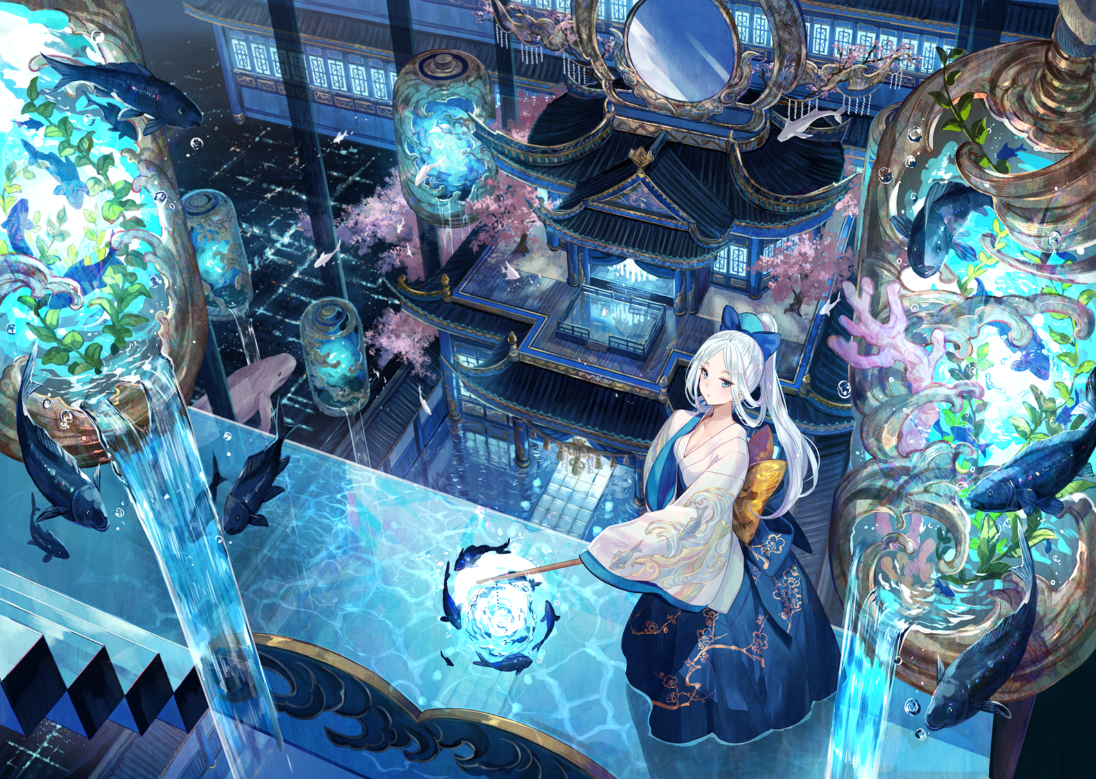 a highangle view of an animestyle illustration depicting a woman with long, white hair and blue eyes wearing a blue and white kimono. she's standing beside a body of water holding a staff that creates a swirl of fish around it. behind her is a pagoda with traditional japanese architecture, including lanterns and a mirror. waterfalls flow into the pool, which is populated with fish and plants. cherry blossoms, coral, and birds add to the fantasy atmosphere. the overall color scheme is blue, white, and gold.