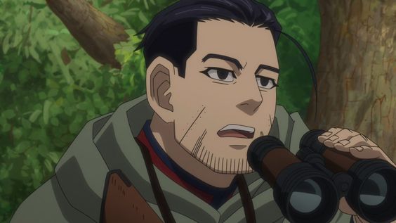 a close up of an anime man with short black hair and stubble is holding a pair of black binoculars up to his face, his expression serious. he appears to be wearing a green jacket over a red shirt. the background is blurry and depicts an overcast forest.