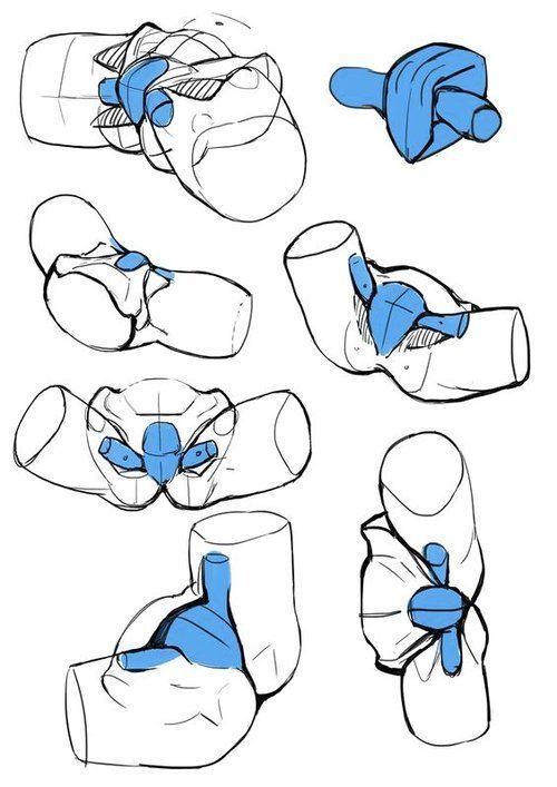 the image shows a collection of eight different sketches demonstrating how to draw the anatomy of a hand using simplified shapes and forms. the sketches show the hand from different angles and with varying degrees of detail. the blue color highlights the structure and form of the palm and fingers.
