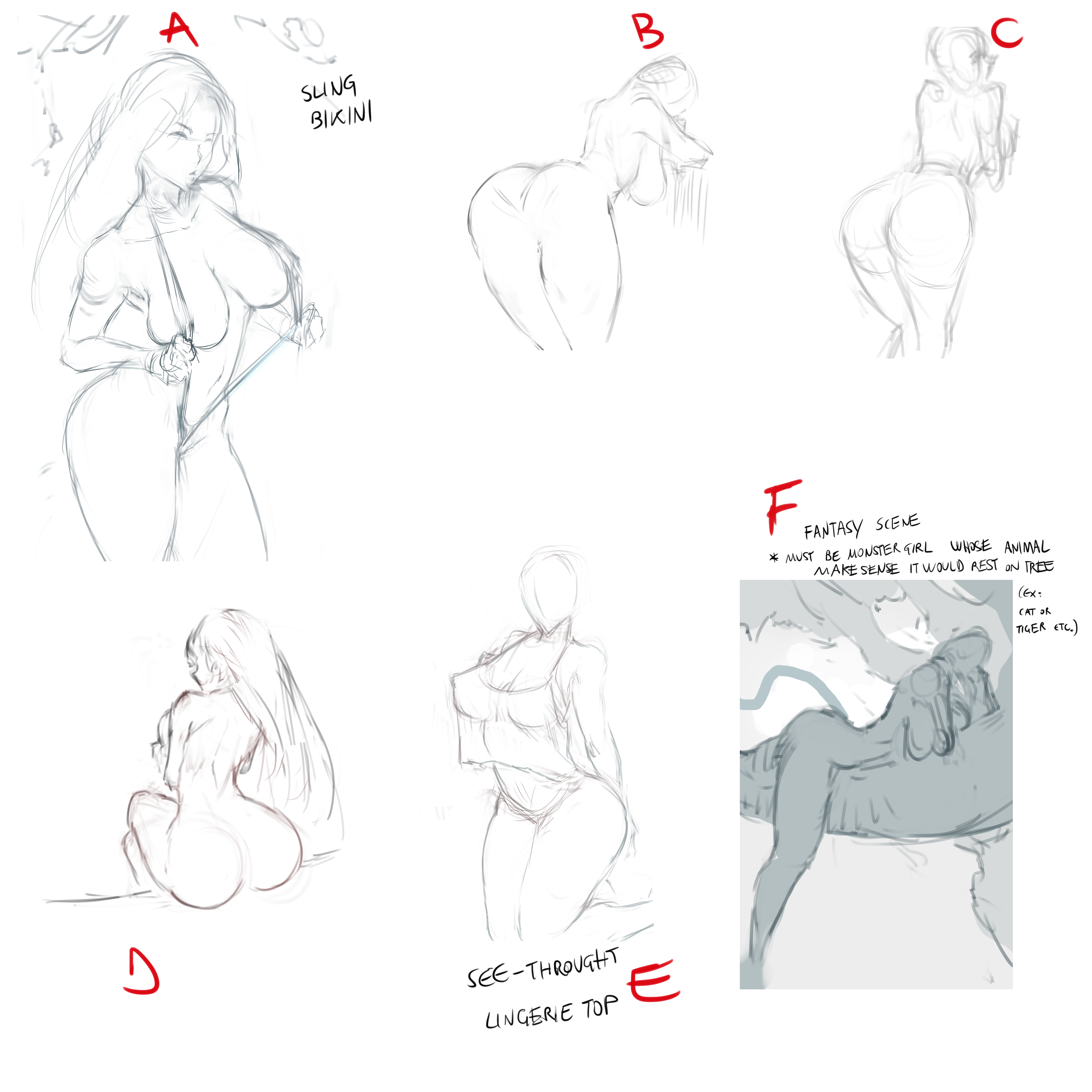 this appears to be reference material for an artist. it depicts a woman in various poses, most of them wearing very little clothing. the drawings emphasize the female form.