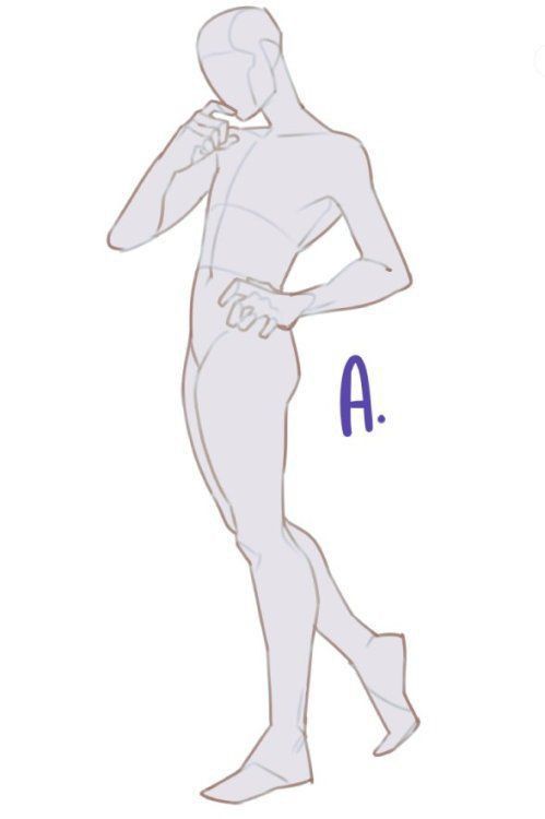 this image shows a drawing of a male figure in a pose. the drawing is a simple line art sketch, with no shading or detail. the figure is standing with one hand on their hip and the other hand holding their chin. the drawing is likely a reference image for artists to use when creating their own drawings.