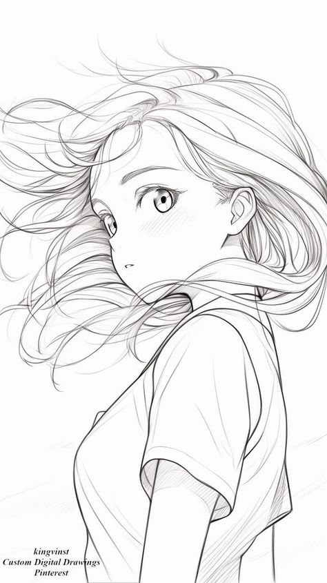 the image is a black and white sketch of a girl with long hair flowing in the wind. she is wearing a tshirt and looking over her shoulder slightly to the left.  her facial features are drawn in an anime or manga style. the background is blank.