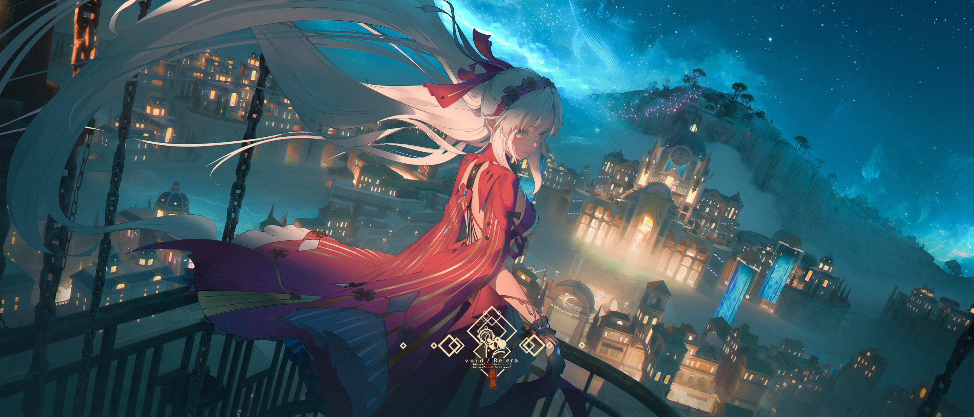 an animestyle girl with long white hair adorned with red ribbons stands in the foreground. she wears a red and purple robe. behind her is a fantastical cityscape at night, featuring illuminated buildings on floating islands against a backdrop of stars. chains hang from above, and the girl stands near a railing. a logo with the text "void / re:era" is visible at the bottom of the image.