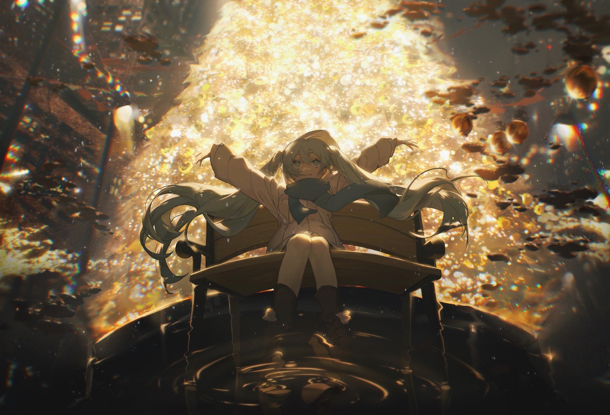 an anime girl with long flowing hair sits on a bench, wearing a jacket, scarf, and boots. she's positioned in front of a dazzling light source, possibly a city or celestial body, with reflections visible in the water below. the scene is framed by a cityscape and various floating objects, creating a dreamlike atmosphere.