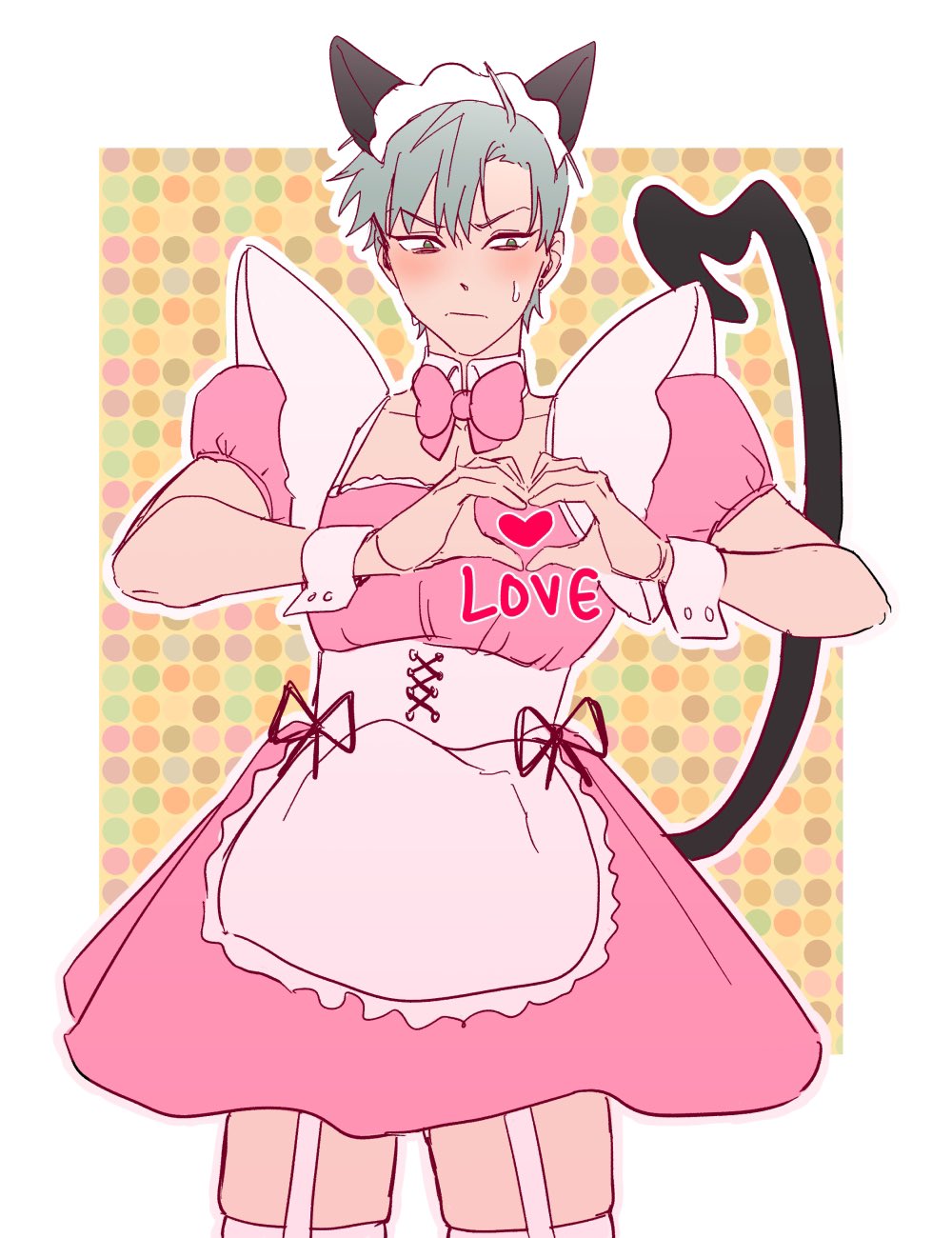 a boy in a pink maid outfit with cat ears and a cat tail is holding his hands together in the shape of a heart with the word "love" written inside. the boy has a cute and somewhat embarrassed expression on his face. the background is made up of small pink and yellow dots.
