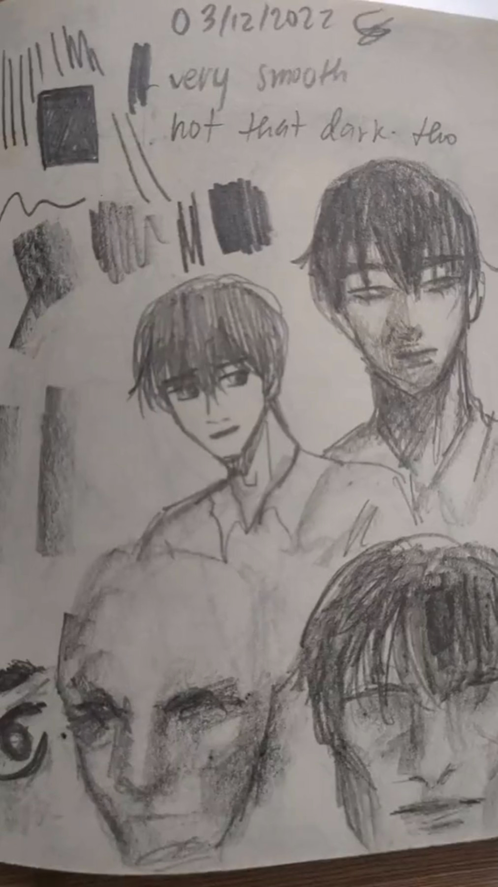 the image shows a page from a sketchbook filled with pencil sketches of male anime characters. the sketches are primarily portraits, focusing on facial features and expressions. the artist has experimented with shading and different pencil strokes to create depth and texture. a handwritten note at the top reads "03/12/2022" and comments on the smoothness and color of the pencil used.