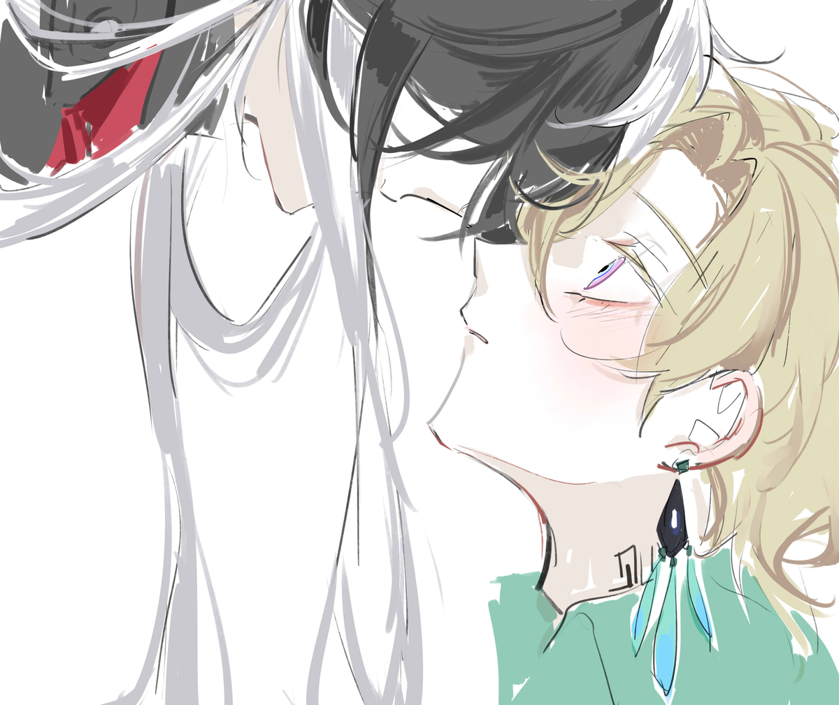 a closeup digital art drawing of two anime/manga characters who appear to be a couple. one has white hair and the other has blonde hair. the one with white hair has a red and white scarf around their neck and a black and white outfit. they are leaning towards the blonde haired individual who is wearing a green shirt and has blue and black earrings. the drawing suggests the white haired character is leaning in for a kiss.