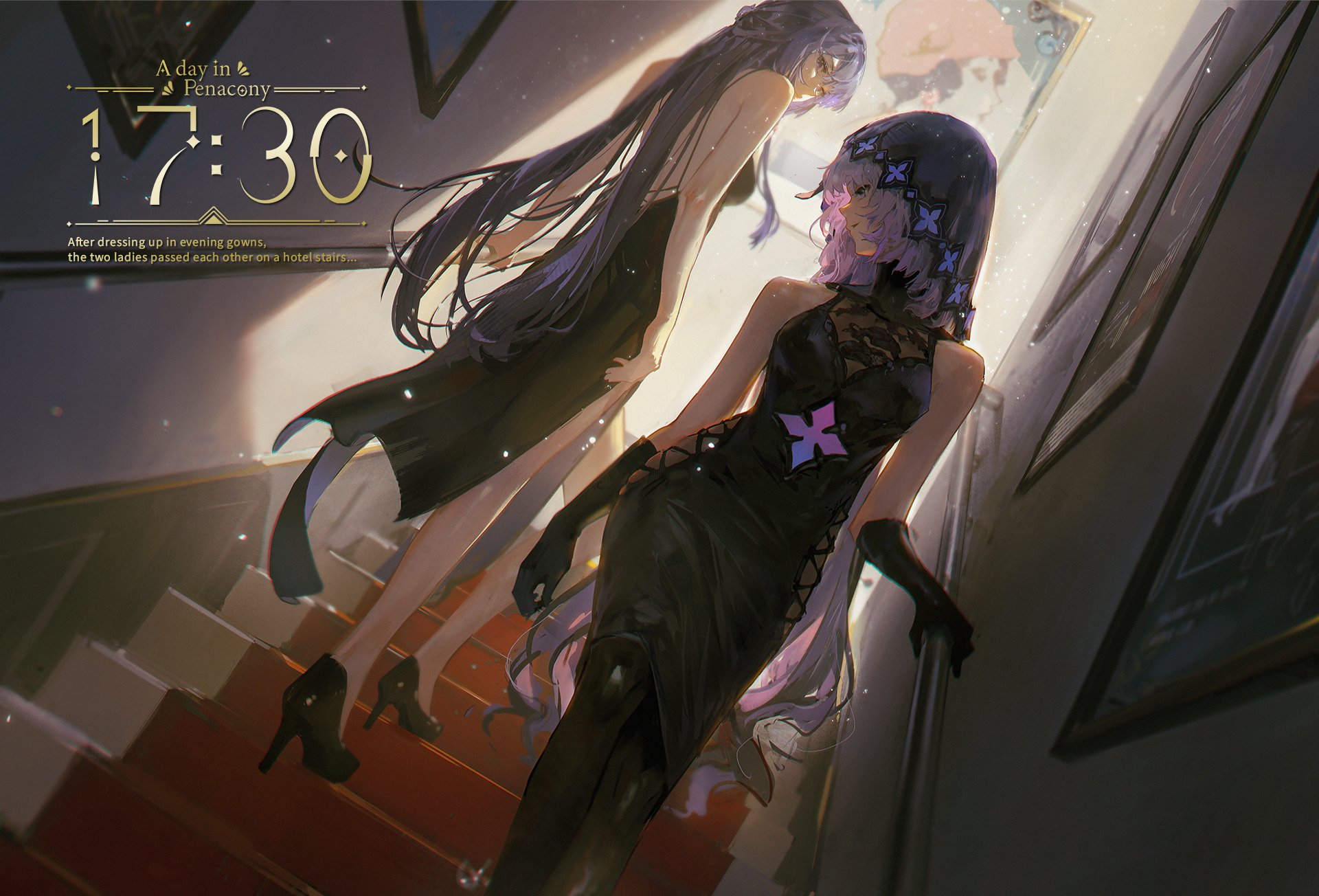 the image showcases two women in elegant black evening gowns, their figures accentuated against the backdrop of a dimly lit hallway. the woman on the left, with long, dark purple hair, ascends a carpeted staircase, her back turned to the viewer. her companion, distinguished by lighter purple hair adorned with floral accents, descends the stairs, her gaze directed towards the viewer. the warm, artificial lighting casts soft shadows, enhancing the atmosphere of sophistication and intrigue. paintings adorn the wall, hinting at an opulent setting.