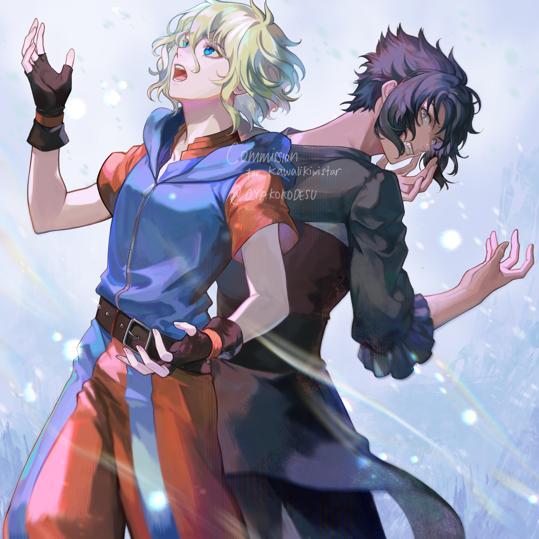 the illustration depicts two anime characters, a male and a female, standing side by side. the male character is standing behind the female, his arm around her shoulder. both of them are smiling, suggesting a close relationship. the female has blonde hair and is wearing a blue, red and orange outfit. the male has black hair and is wearing a black outfit. the background is a snowy landscape, with a blue sky and white snow falling. the image has a magical and fantasy vibe, with glowing light and energy emanating from the characters.
