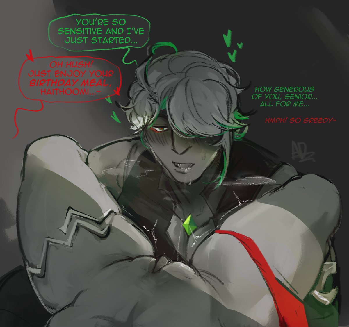 the image is a suggestive fan art depicting two male anime characters in an intimate situation. one character is muscular and partially nude, with a red garment draped across his torso. the other character, who appears more dominant, has grey hair with green accents, visible saliva, and dialogue indicating a playful, suggestive interaction. text bubbles with phrases like "you're so sensitive" and "oh hush... just enjoy your birthday meal haithoomi..." suggest a birthdaythemed sexual encounter.