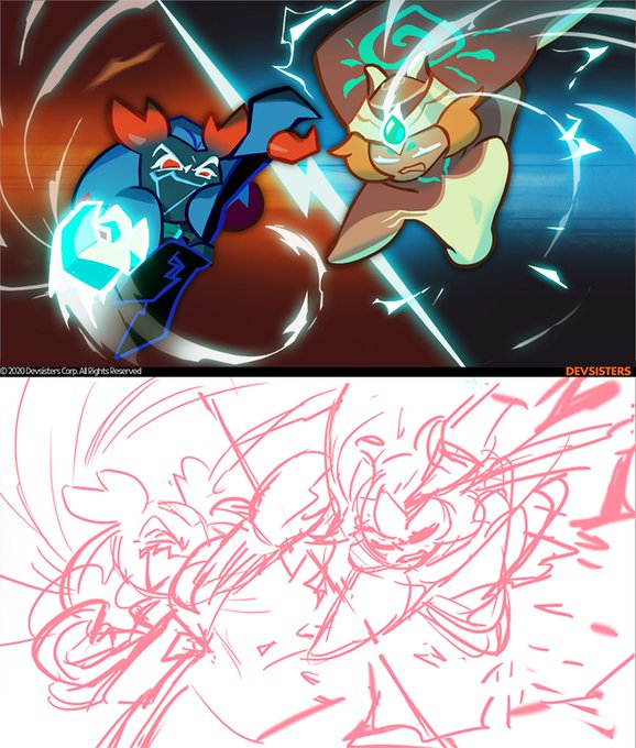 the image showcases a beforeandafter comparison of an illustration featuring two characters engaged in a dynamic clash. the top panel presents the final, polished artwork, vibrant with color and energy. the bottom panel reveals the initial sketch, a flurry of pink lines capturing the action's raw essence. this juxtaposition provides a glimpse into the artist's process, highlighting the transformation from initial concept to finished product. the scene is set against a bold red background, further emphasizing the characters' clash. both figures wield distinct energy forms, adding to the visual spectacle. this image likely originates from the game cookie run, developed by devsisters.