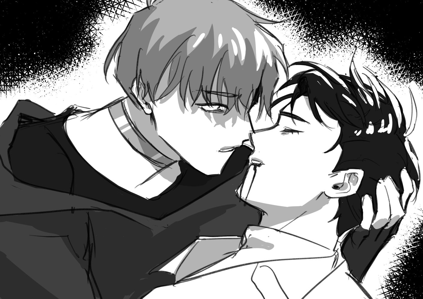 this is a black and white drawing of two anime boys. the boy on the left is