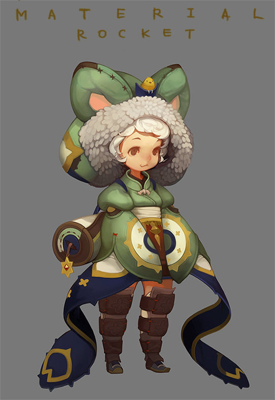 a digital illustration of a small child designed as a video game character.  the child is dressed in a green and gold outfit with a large floppy hood with oversized ears. they are wearing brown leatherlooking pants and forearm guards with gold accents.  the child has a roll of paper on their hip with a small yellow bird resting on the top.  the child is set against a solid gray background.