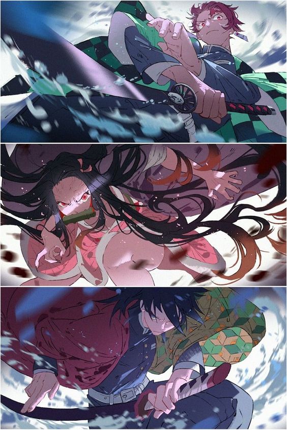 the image is a triptych featuring three characters from the anime demon slayer. from top to bottom, we see tanjiro kamado, nezuko kamado, and giyu tomioka, each engaged in battle.  tanjiro, wielding his nichirin blade, is shown with his water breathing technique swirling around him.  nezuko, with glowing pink eyes, unleashes her blood demon art, her hair whipping dynamically. finally, giyu, with a stoic expression, charges forward, his hand gripping his katana. the scenes are set against a backdrop of a snowy night, with dynamic lighting and perspective heightening the sense of action and intensity.