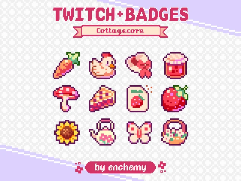 a set of 12 pixel art twitch badges with a pink cottagecore theme, including items like a chicken, carrot, mushroom, strawberry, sunflower, pie, strawberry jam, teapot, butterfly, picnic basket, and a straw hat.