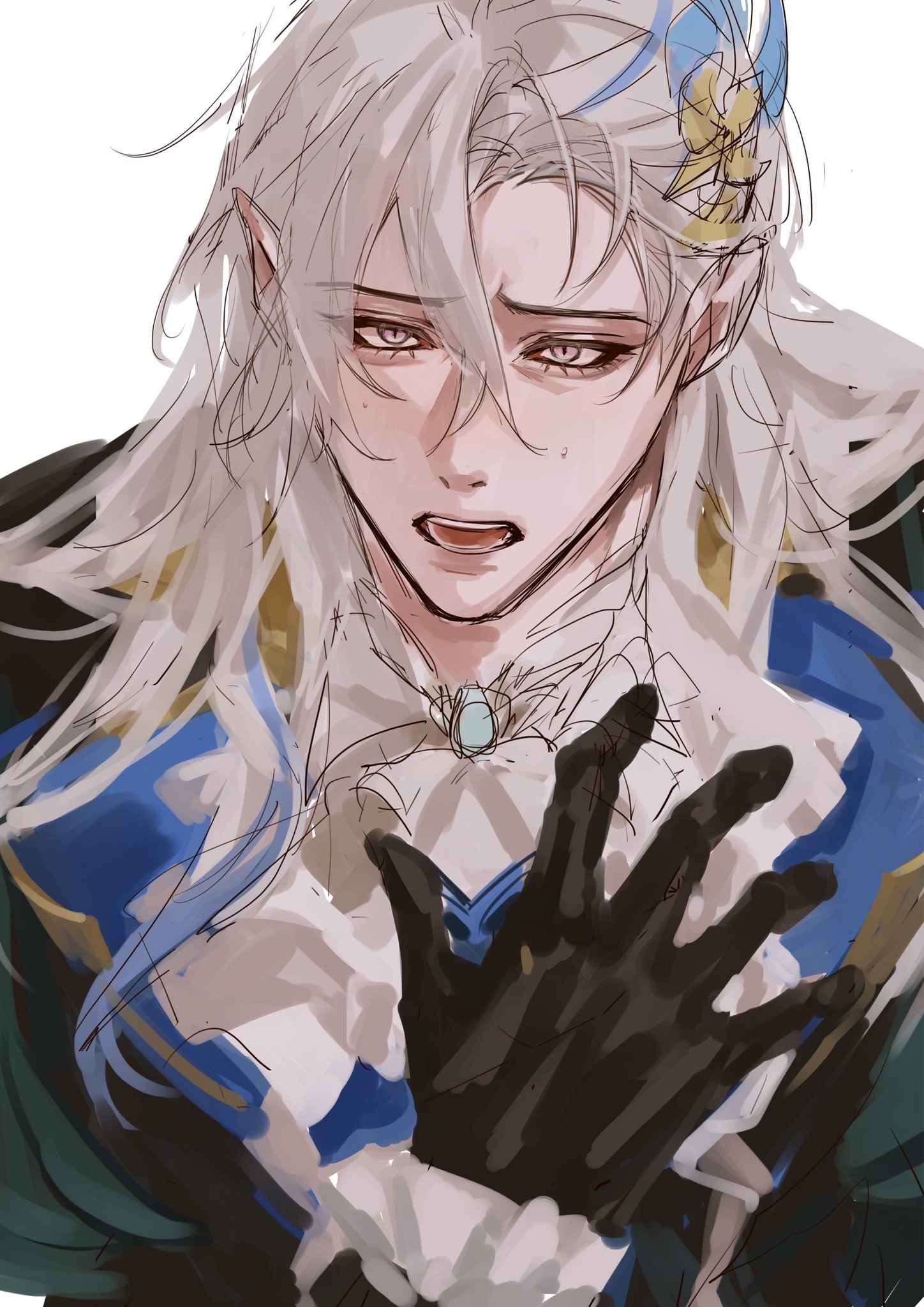 a closeup illustration of a young man with long white hair and blue eyes. he is dressed in an elegant outfit and has a sorrowful expression on his face. he appears to be crying. the illustration is done in a digital art style.
