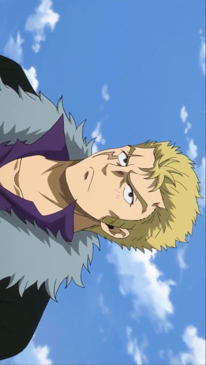 a blonde haired anime male character wearing a black and purple outfit with fur is looking offscreen with a thoughtful look on his face, the character is positioned against a blue sky and white clouds background.