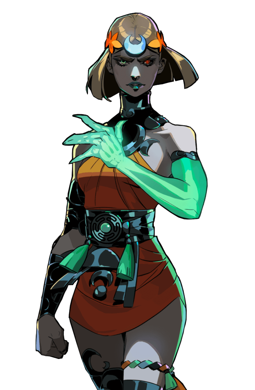 this is a digital illustration of a female warrior character. she has short brown hair with a headband that features a crescent moon and flowers. her eye makeup consists of a green and blue eyeshadow, with a bright red mark over her right eye. she is wearing an orange outfit with black details and green gloves. her right hand is raised, with green glowing energy surrounding it. she is standing and looking intently at the viewer with a serious expression.