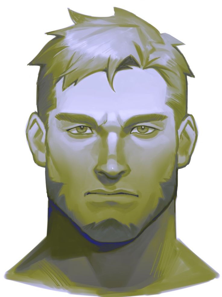 the image is a digital painting or illustration of a man's head and shoulders. the style is somewhat realistic but with a stylized approach to shading and color. the man has short, light brown hair, a strong jawline, and a neutral or slightly serious expression.  the color palette is muted, primarily using shades of olive green and bluegray. the overall impression is one of strength and quiet intensity.