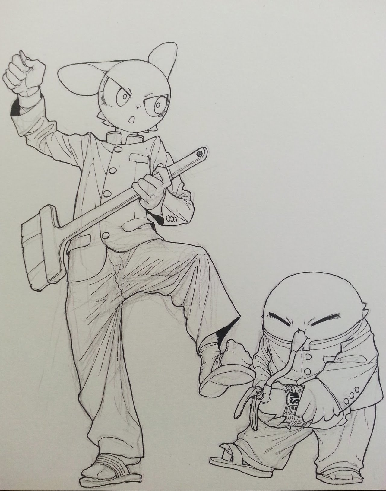 this is a drawing of two anime characters in black and white. the character on the left is a humanoid with rabbit ears wearing a school uniform and holding a broom. the character on the right is a round, bloblike creature with a mischievous grin. the drawing is dynamic and energetic. the character on the left is poised to strike the character on the right with the broom. the characters' expressions are playful and inviting, suggesting the drawing may be a humorous depiction of a playful encounter.