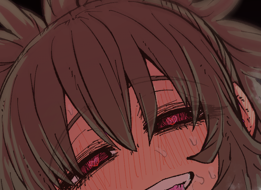 a close up portrait of an anime girl with red eyes smiling with a blushing face. the girl has brown hair and is drawn in a cartoony style. the background is blurry.