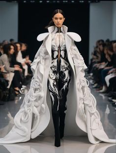 a female model walks the runway in a dramatic white couture dress with black accents and detailed embellishments. she wears a black bodysuit underneath the dress, which is designed to look like a flowing cape. the model also wears white heels, and her hair is styled in a sleek updo. the image captures the intricate details of the dress and the model's graceful walk.