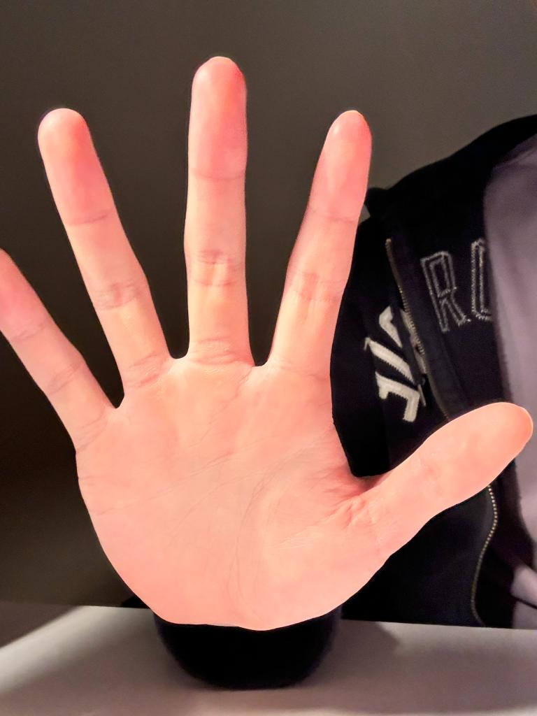 a closeup image of a person's hand with their palm facing the camera.  the hand is held up as if making a "stop" gesture. the person is wearing a black jacket with white lettering. the background is dark. the hand is illuminated by artificial light.