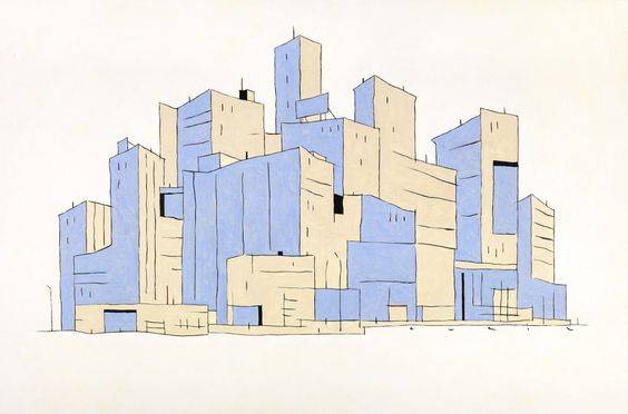 this is a minimalist drawing of a cityscape. the buildings are geometric shapes and are mostly blue and tan. the drawing is clean and simple, and it conveys a sense of modernism and abstraction.
