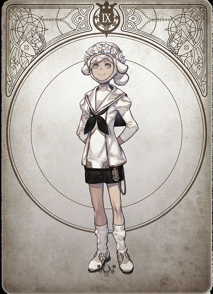 the image is a stylized character illustration of a young boy, likely a concept for a game or animation. he is dressed in a white sailorinspired outfit with a large collar and a black tie. a flower crown rests on his head, giving him an innocent and pure look. he has short, fluffy white hair and large, expressive eyes. the background is a decorative, circular frame with art nouveau elements, further enhancing the vintage feel. the overall color palette is muted, emphasizing the soft and delicate nature of the character.