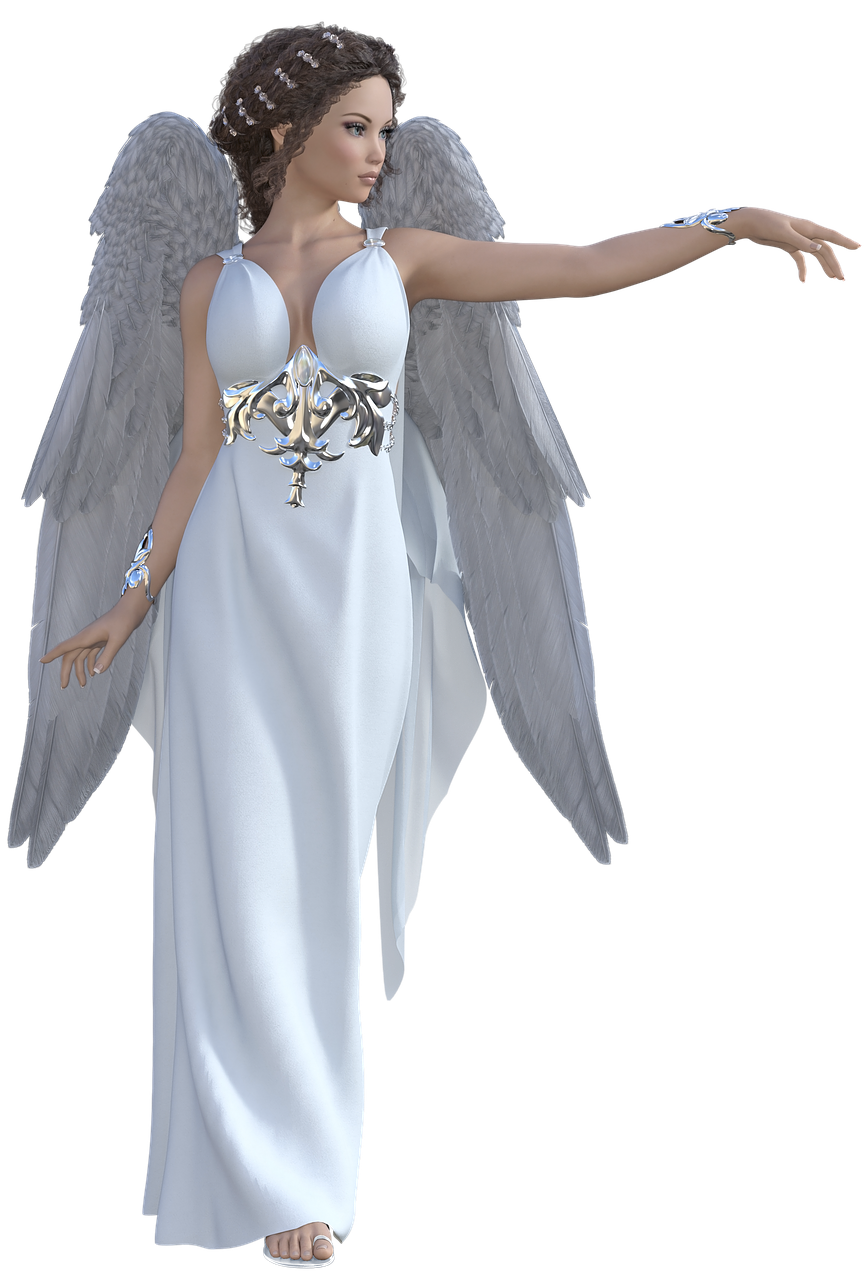 a digital art depiction of an angel standing against a black background. the angel is a fairskinned woman with brown hair adorned with delicate white flowers. she wears a long, flowing white dress with a plunging neckline, decorated with intricate silver and crystal embellishments. large, feathered white wings extend from her back. her left arm is outstretched, and she wears a matching silver and crystal bracelet. she appears to be looking to the side. the overall impression is one of divine beauty and ethereal grace.