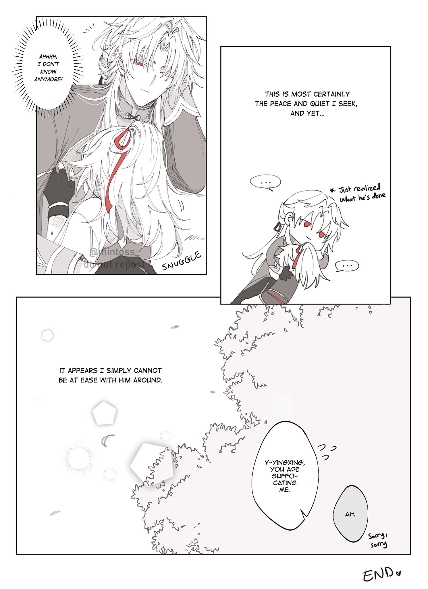 the image is a comic strip with a cute anime couple. the first panel shows the boy hugging the other boy from behind. the boy in the front is blushing. the next panel shows the boy on the left saying "i don't know anymore!" and the boy on the right saying "this is most certainly the peace and quiet i seek, and yet...". the third panel shows a closeup of the boy on the right with a shocked expression and the thought bubble "just realized what he's done". the fourth panel shows the boy on the left saying "it appears i simply