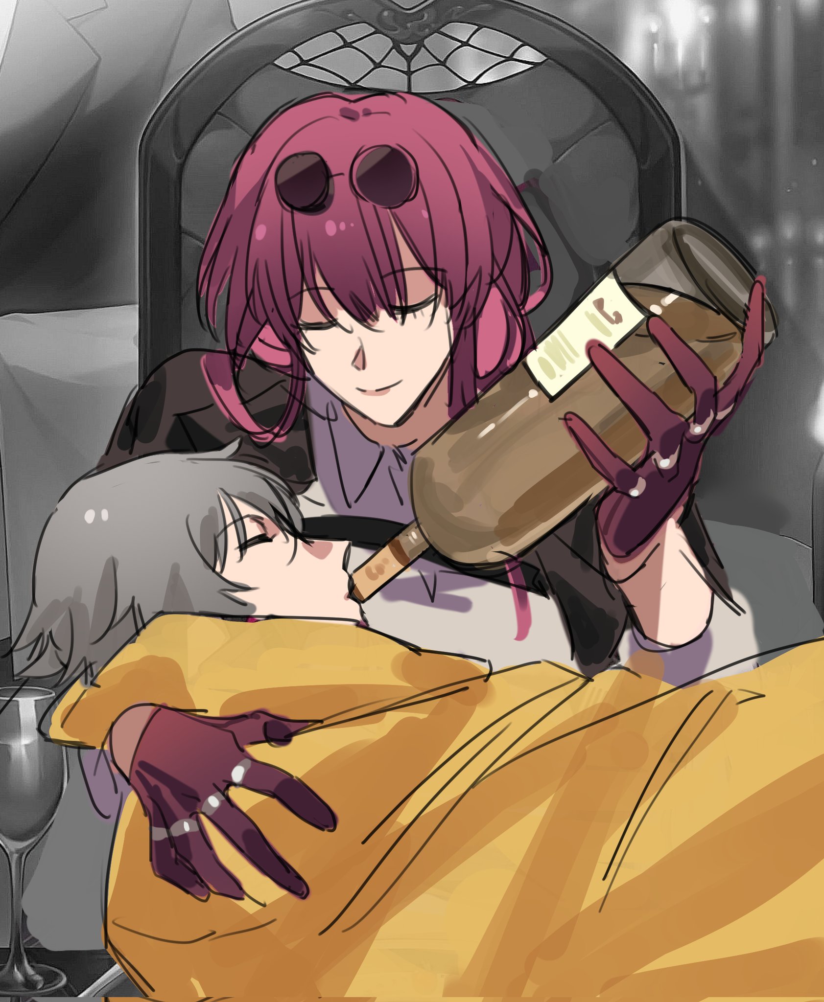 the image shows two anime women, one of them is wearing a purple and black outfit, red gloves, sunglasses and red hair. she is holding a bottle of wine, with her left arm around the other woman. the other woman has grey hair and is wearing yellow clothing and sleeping with her head resting on the other woman's lap. the image is drawn in a cartoon style. the background is a blurry grey and white. the woman with the wine looks a bit drunk.