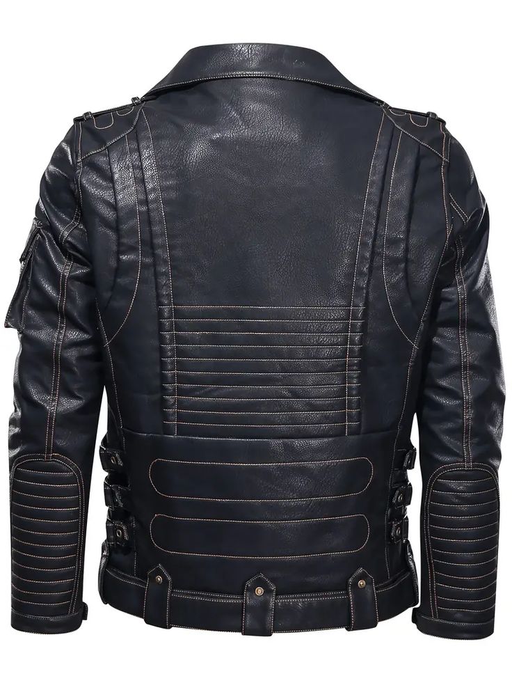 the image shows the back view of a black leather jacket for men. the jacket features ribbed detailing on the lower back and around the wrists, along with shoulder pads. the design includes multiple straps and buckles.