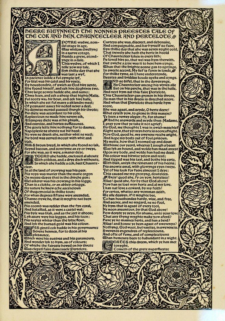 the image shows a page from a medieval manuscript. the text is set within a decorative floral frame, with images of roses and leaves. the text is in black ink and features a large capital letter "a" at the beginning. the text is about the story of chanticleer, a rooster, and his wife pertelote. the page also contains a small illustration of a rooster and a hen. the image is a detailed example of medieval illuminated manuscript art.