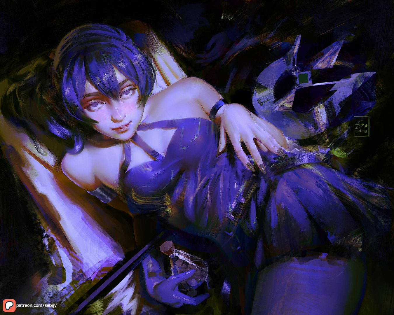 an illustrationstyle image featuring a woman with blue hair lying down, wearing a purple dress and bracelet, holding a potion bottle. the background is dark, and the overall scene has a fantasy art vibe.
