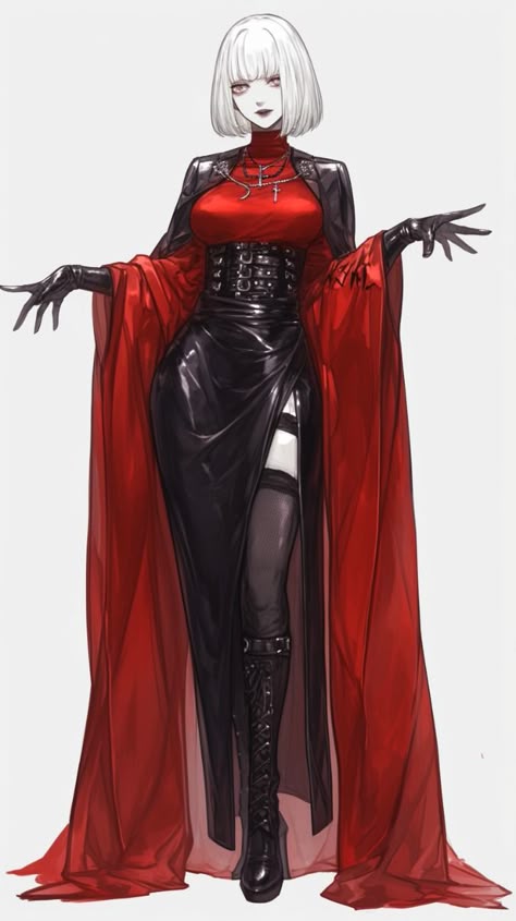 a female anime character with white hair and wearing a red cape, black dress, black boots, and black gloves. the background is white.
