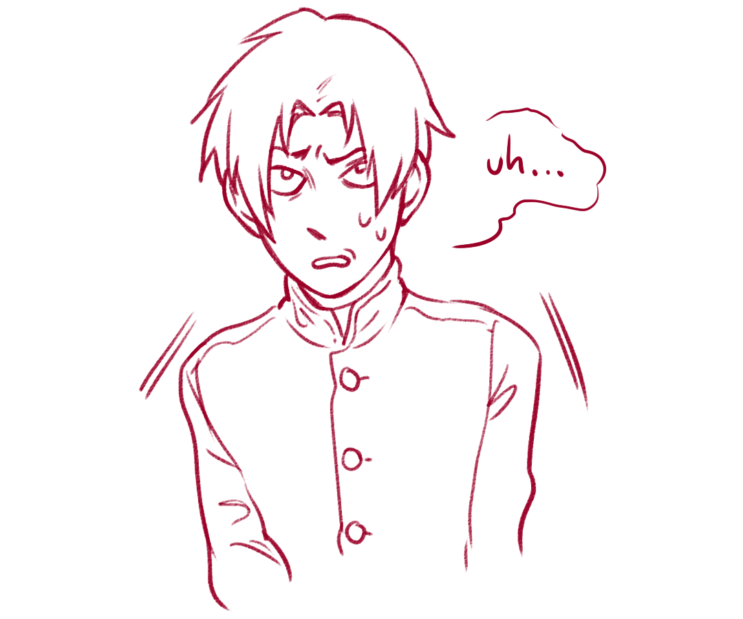 the image is a simple, redlined drawing of a young man with a confused expression. he is sweating and his eyebrows are furrowed. he appears to be wearing a japanese school uniform. a speech bubble next to his head reads "uh...". the background is white.