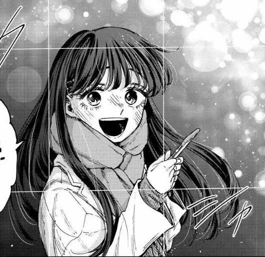 a black and white closeup illustration or manga panel depicting a young animestyle girl with long, dark hair. she's wearing a winter scarf and coat, smiling broadly, and appears to be holding a small, thin object (perhaps a pen or chopstick). the background suggests a snowy or wintery scene with bokeh effects creating a soft, blurry look.  the overall style is detailed and expressive, conveying a feeling of happiness and excitement.  the image is likely from a manga or anime source.