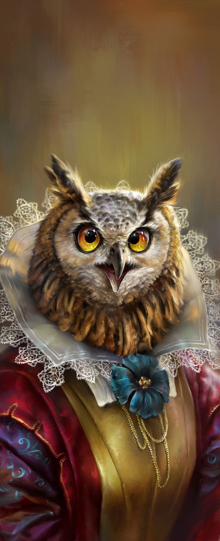 the image shows a digitally painted portrait of an owl wearing renaissancestyle clothing. the owl's head and upper body are visible, adorned with a white lace ruff and a highcollared, ornate garment in shades of red and gold. a blue flower and a string of gold beads decorate the front of the clothing. the background is a soft, diffused blend of colors.