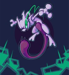a digital illustration of the pokemon mewtwo from the front. it is leaping forward with one arm outstretched and the other behind it. mewtwo is purple with a long tail, glowing green eyes, and two knobby things coming out the back of its head. behind it is a circle that fades from black in the center to dark purple on the outer edges. behind that is a dark blue background. the only other details in the image are some bright green crystallooking shards coming from the bottom left and right edges.