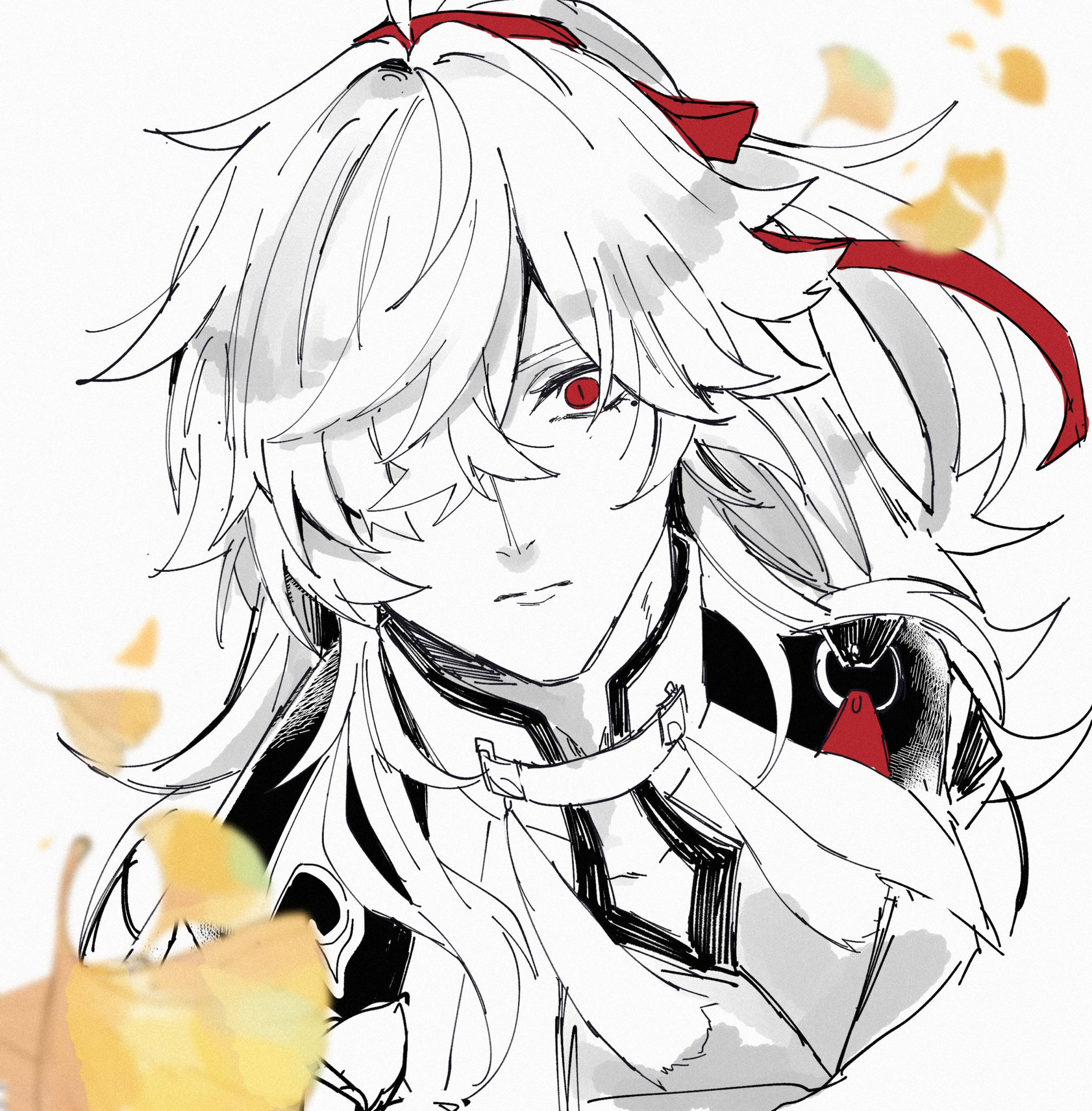 this is a black and white sketch of an anime character with white hair and red eyes, he is wearing a red ribbon and has an elegant and handsome appearance. the background is filled with soft, light yellow fall leaves.  the drawing style is similar to manga art.