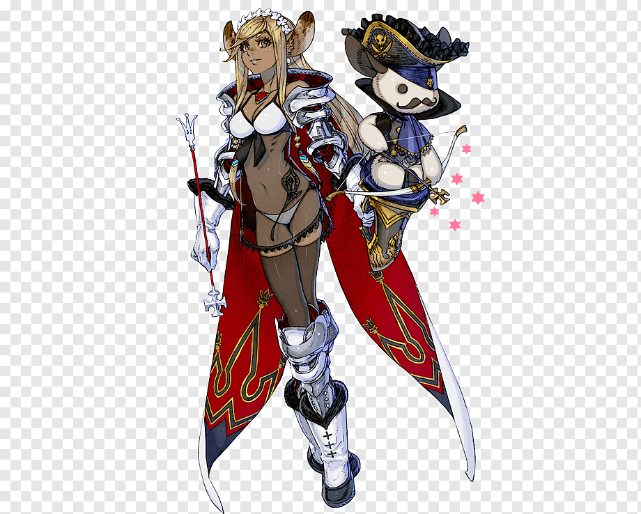 a female character with long blonde hair and animal ears stands in a confident pose. she's wearing armor and a cape and holds a bow and arrow, suggesting she's an archer. her attire is a mix of revealing and protective, common in fantasy character designs.  a small, stylized creature wearing a hat perches on her hip.  the overall style suggests this is concept art for a video game or similar media.