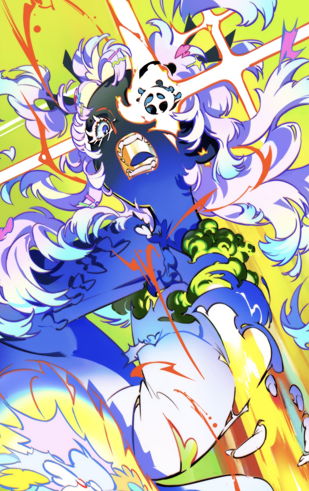 a digitally drawn illustration of a young woman, seemingly midtransformation or experiencing a surge of power, against a vibrant abstract background. her long, wild hair blends white with streaks of yellow and blue. her body is primarily blue with portions appearing white, possibly clothing, and splattered with red resembling blood. her face is mostly obscured by a black, shapeshifting mass with a single visible blue eye with a red pupil.  her mouth is wide open in a scream, revealing sharp teeth. the background is a chaotic blend of yellow, green, orange, and red lines and shapes, evoking a sense of movement and explosion.