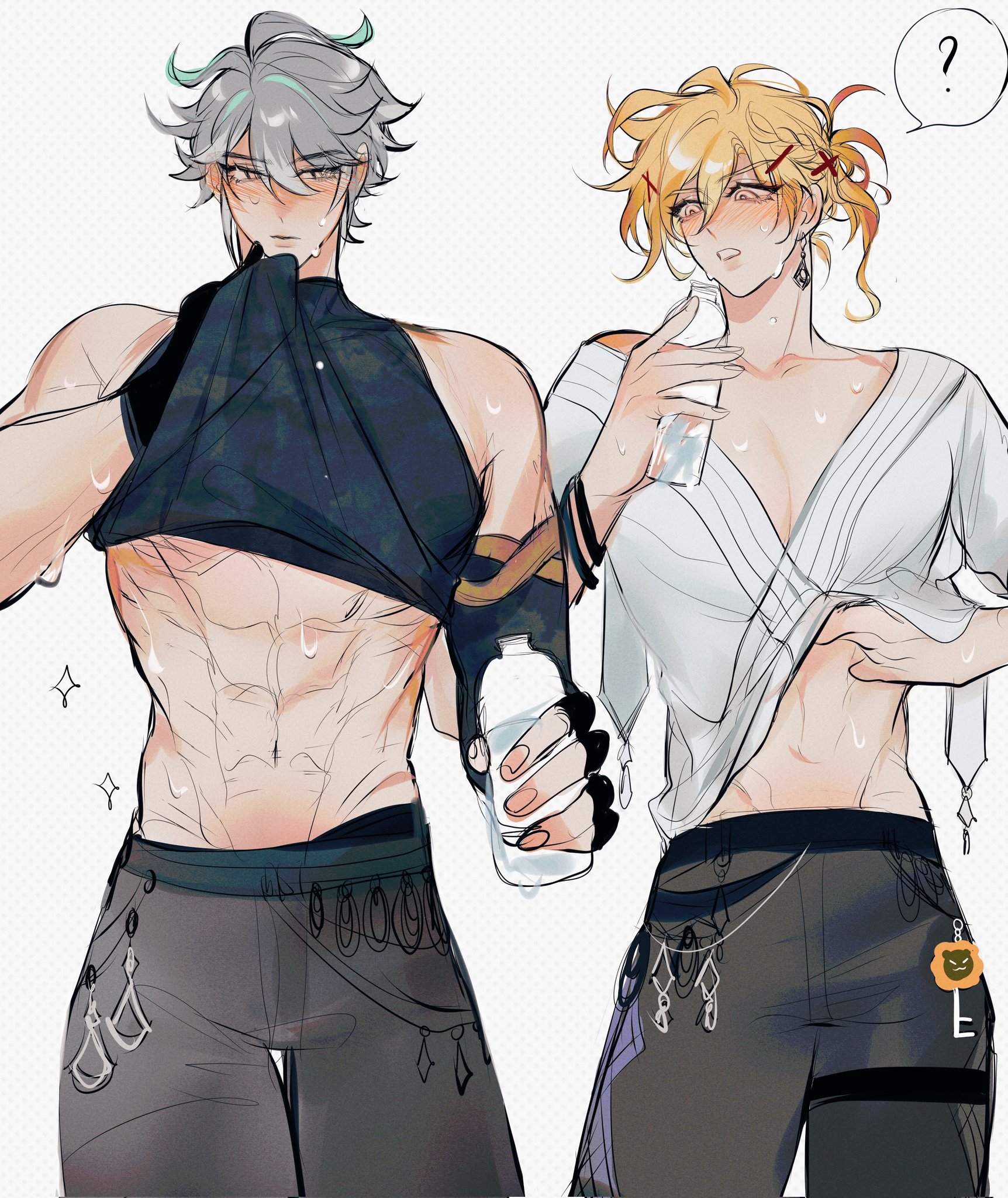 he image shows a digital drawing/fanart of two animestyle men.  both are shirtless, sweaty, and appear to be taking a break, one holding a water bottle. the man on the left has grey hair and is wearing dark grey pants with elaborate chains and pendants as accessories. the man on the right has blonde hair and is wearing loose, lightcolored clothing over a dark grey, similarly accessorized outfit. both figures are muscular and welldefined.  the style is reminiscent of manga or anime illustrations.  there's a question mark bubble above the blondehaired man's head.