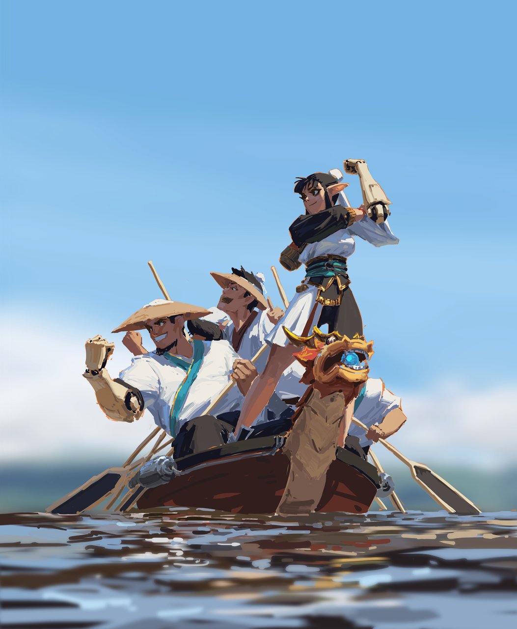 the digital painting depicts a vibrant scene of a dragon boat race.  five individuals are rowing a boat shaped like a dragon. the crew is diverse in appearance; one character resembles an elf with pointed ears and a unique outfit, while others wear traditional asianinspired clothing, including conical hats. one rower has a robotic arm, adding a fantasy element.  the boat floats on calm water under a clear blue sky. the overall style is a mix of asian artistic influences with fantasy elements, creating a dynamic and imaginative scene suggesting teamwork and adventure.