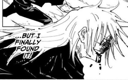 a monochrome manga panel depicts a man with long white hair. he is bleeding from a wound on his face and appears to be in the midst of a fight. his expression is one of intense emotion, and his words "but i finally found it!" convey a sense of urgency and triumph. the highcontrast lighting emphasizes the drama of the scene.